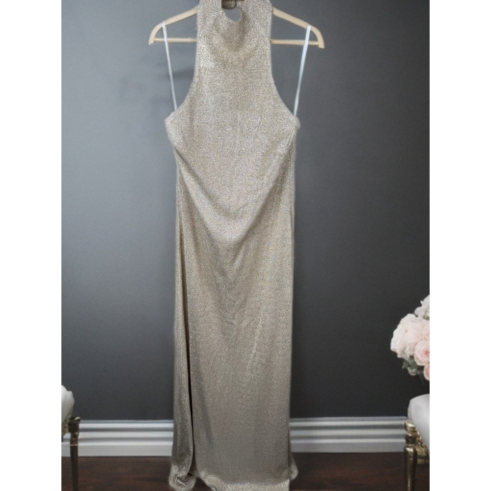 Vintage Y2K Scott McClintock Gold Metallic Halter Prom Gown Formal Maxi Dress 14